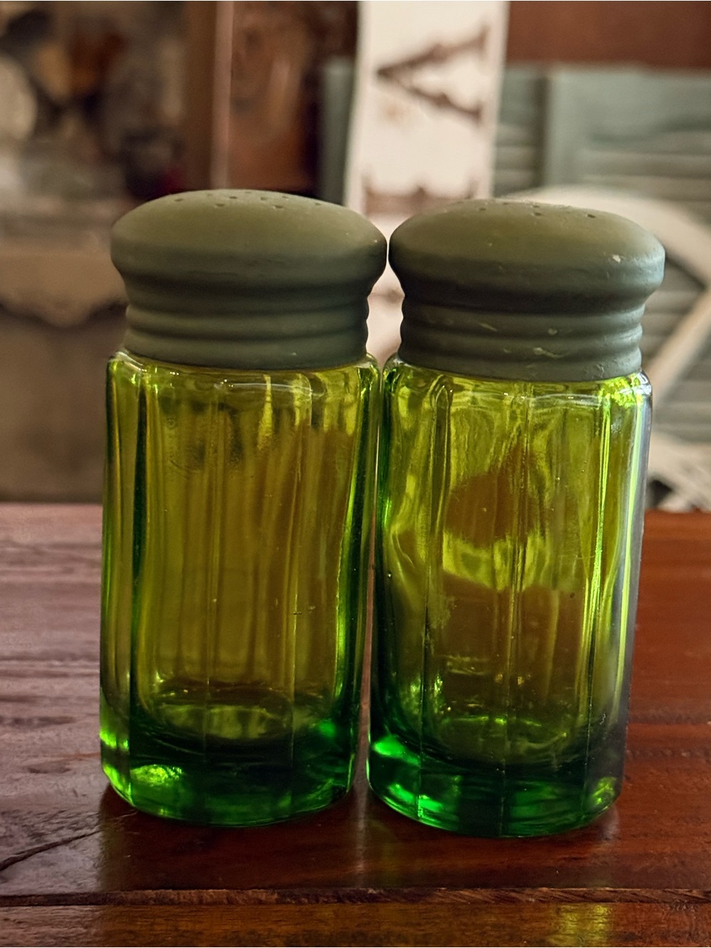 Vintage Green Glass Salt and Pepper Shaker Set with Olive Caps